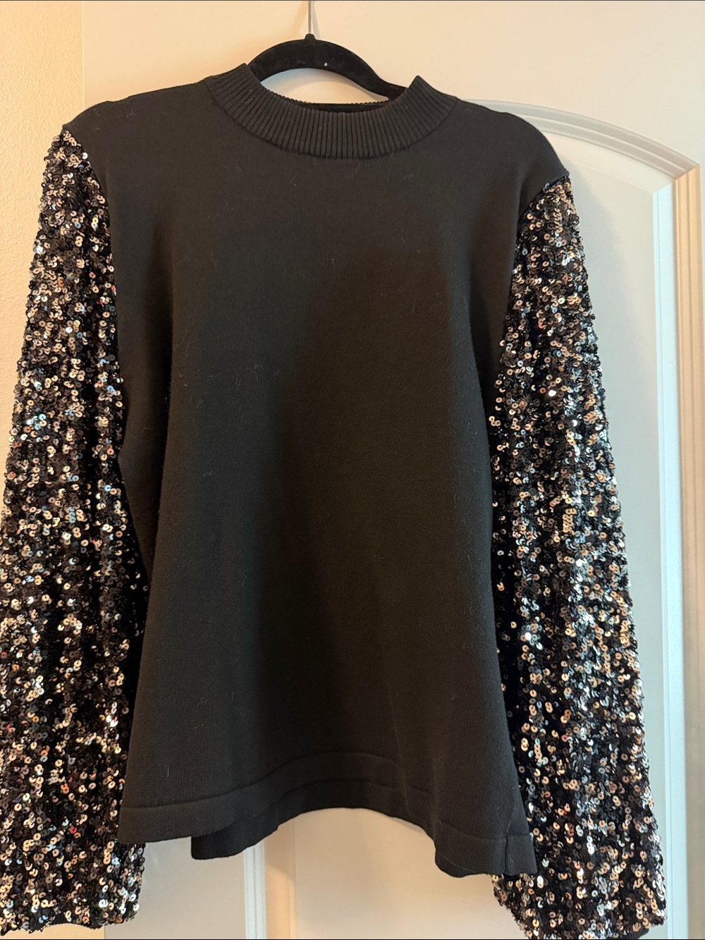 Black Sequin-Sleeve Crewneck Sweater